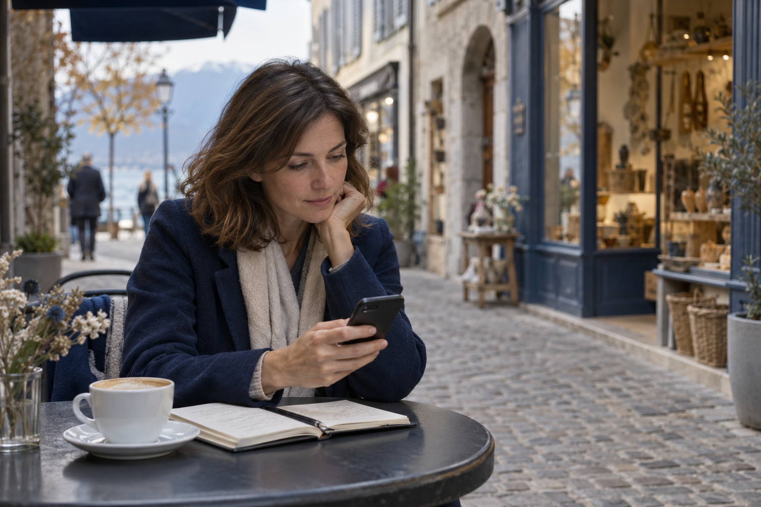 Cliente assise dans un café suisse, posant une question à un assistant IA sur son téléphone.