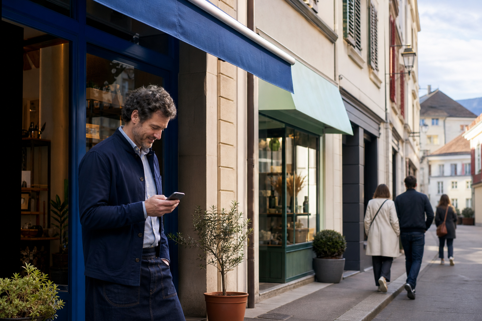 Commerçant consultant son téléphone devant plusieurs boutiques indépendantes dans une rue suisse.