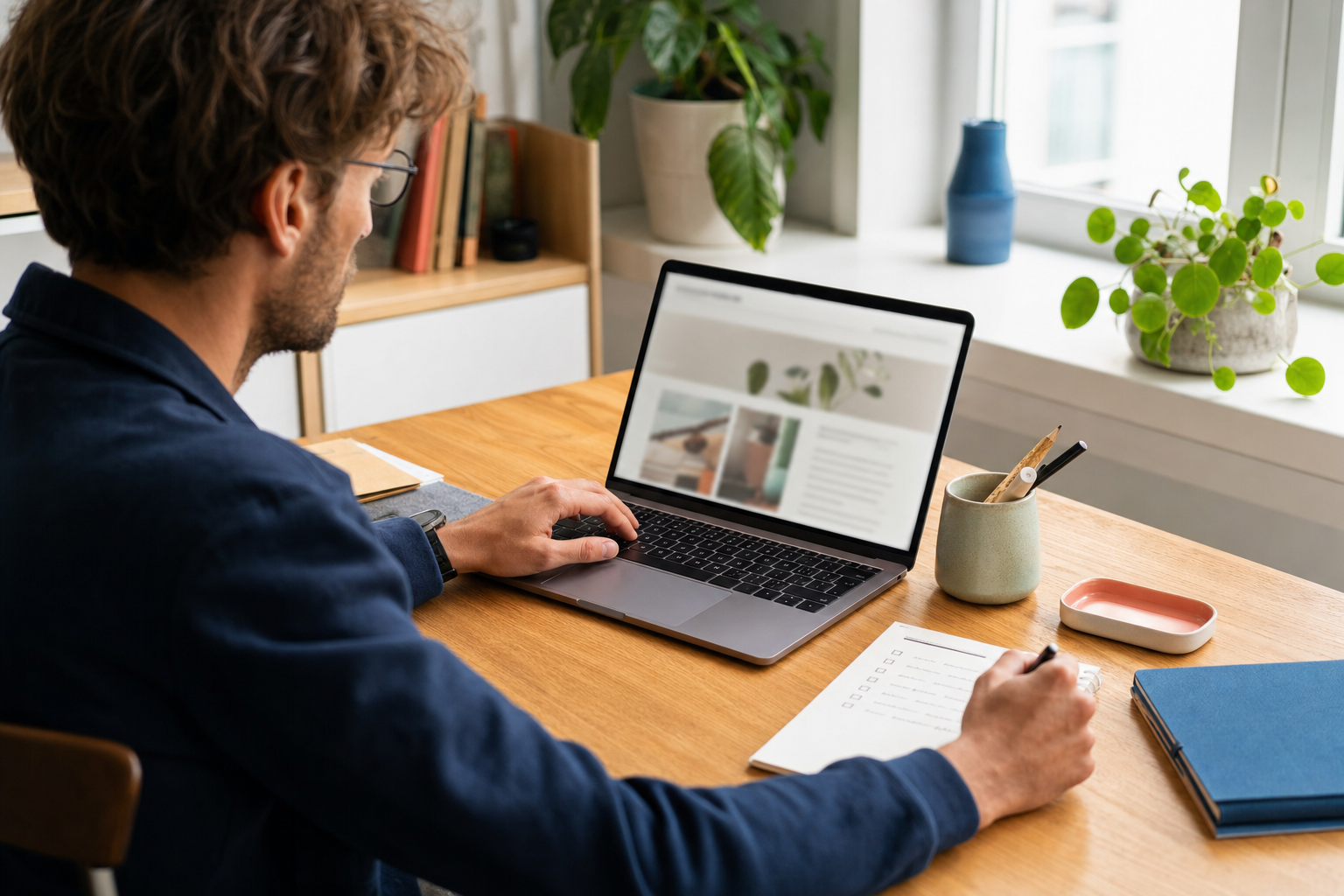 Entrepreneur suisse mettant à jour les informations essentielles de son site depuis un bureau lumineux.
